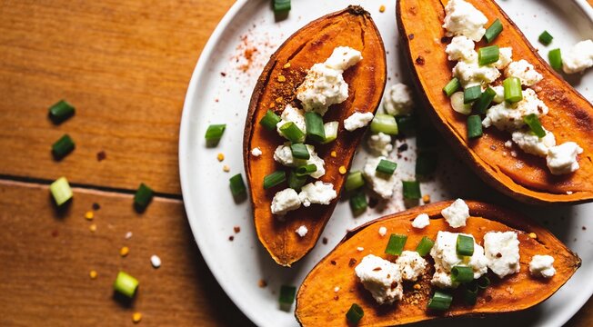 Tasty baked sweet potatoes with feta cheese, green onions, and spices on a white plate on the table.