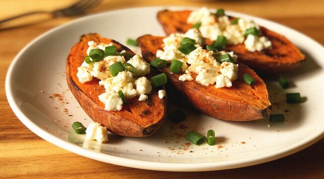 Freshly cooked sweet potatoes with feta cheese crumbles and green onion served on a plate on the table.
