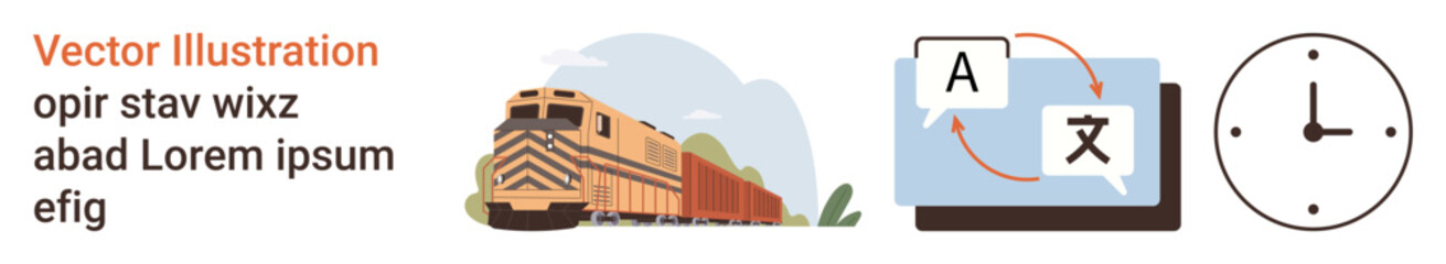 Transportation, language translation, time management, global communication, workflow, logistics. Elements include a train, language translation symbols and a clock. Transportation and language © robu_s