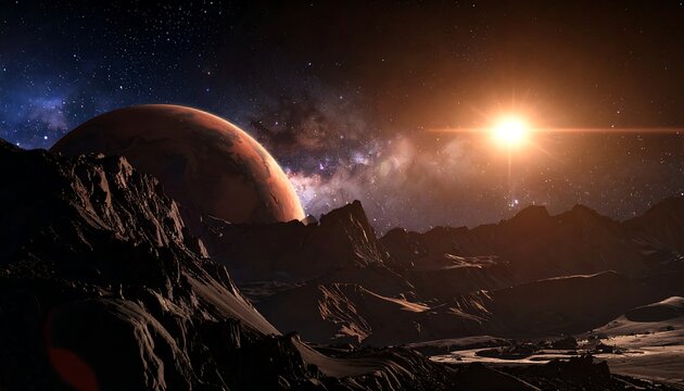 Planetary landscape with a large red planet and a distant sun/star casting a warm glow over a rough terrain