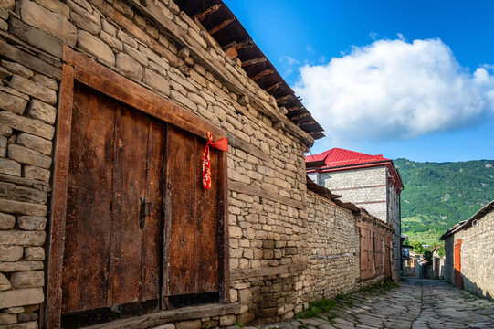 Stone Village Street With Green Hills in Lahij Azerbaijan