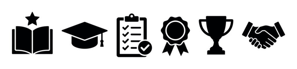 Set of black glyph icons representing education, achievement, and success, featuring a book, graduation cap, checklist, award ribbon, trophy cup, and a handshake