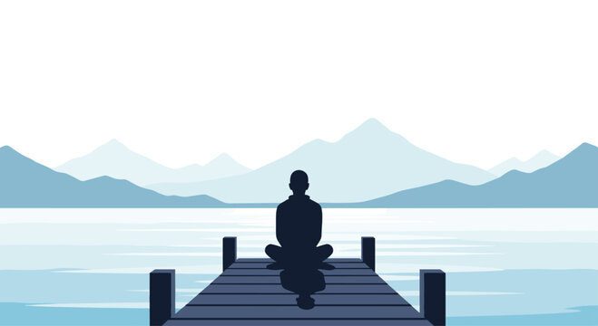 A person's silhouette sits in a peaceful lotus position on a wooden pier, overlooking a tranquil lake with distant mountains under a clear sky.