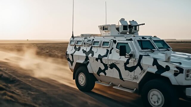 Camouflaged military vehicle speeds through desert landscape, dust cloud trailing behind