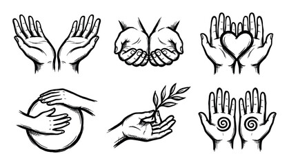 Obraz premium Set of hand-drawn spiritual and caring gestures in a black and white doodle style, including hands holding a heart, an olive branch, and cupped palms