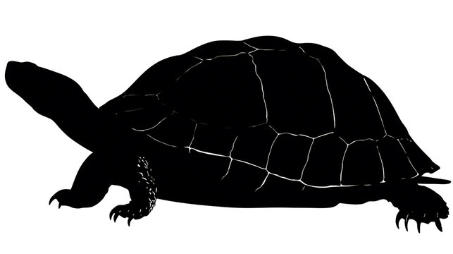 A stylized silhouette of a turtle. The reptile is walking, its silhouette against a stark, empty canvas