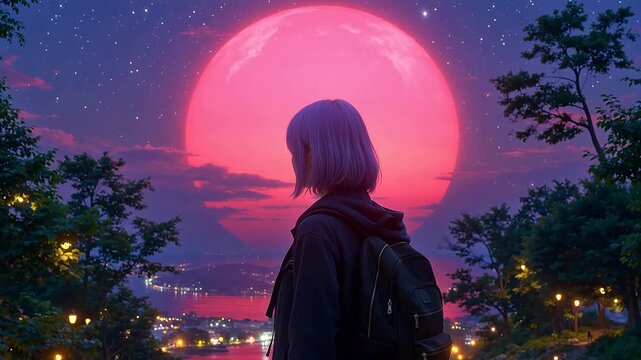 Person with purple hair under pink moon