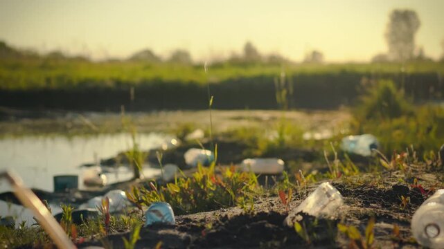 During an evening conservation effort, an environmental activist diligently sorts collected plastic bottles into categories, promoting sustainability and circular economy in natural ecosystem cleanup