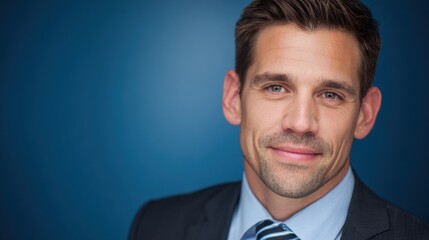 professional portrait with slight smile on a blue business background ar 169