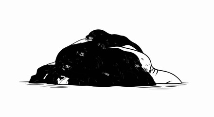 Three seals are piled on a dark rock, one sleeping on top © Glugu