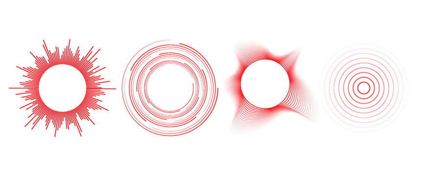 Red concentric ripple circles set. Sonar or sound wave rings collection. Epicentre, target, radar icon concept. Radial signal or vibration elements. Halftone dotted and lined vector illustration