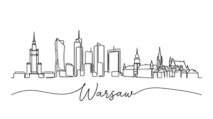 Obraz premium Minimalist Line Art Depiction of Warsaw's Skyline Featuring Iconic Buildings and Cityscape Elements for Artistic Wall Decor