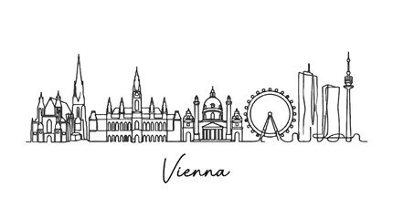 Fototapeta premium Elegant minimalist black and white line drawing of Vienna's iconic skyline including historic landmarks and modern structures