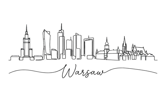 Minimalist Line Art Depiction of Warsaw's Skyline Featuring Iconic Buildings and Cityscape Elements for Artistic Wall Decor