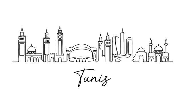Minimalist line art depiction of tunisian skyline showcasing diverse architectural landmarks and iconic structures in black and