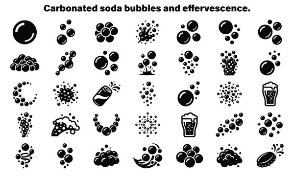 Carbonated soda bubbles and effervescence icons set