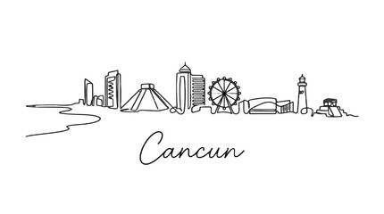 Obraz premium Minimalist One-Line Illustration of Cancun Skyline Featuring Iconic Landmarks and Coastal Views
