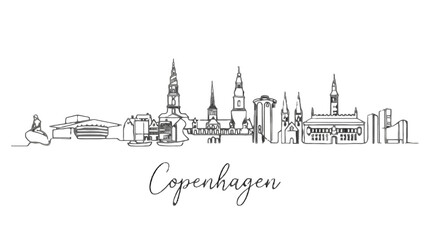 Naklejka premium Minimalist Copenhagen Skyline Illustration Emphasizing Iconic Architectural Landmarks for Urban Art and Design Projects