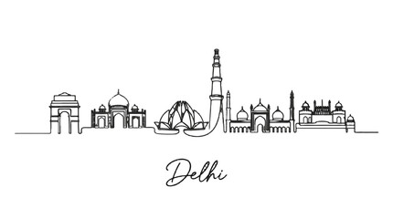Obraz premium Minimalist Line Art Illustration of Delhi Skyline Featuring Iconic Monuments and Architectural Landmarks