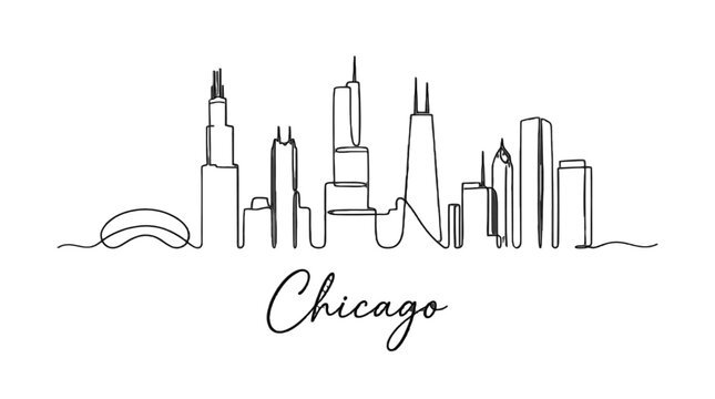 Minimalist Chicago skyline illustration featuring iconic skyscrapers and cityscape elements in a sleek line art style capturing