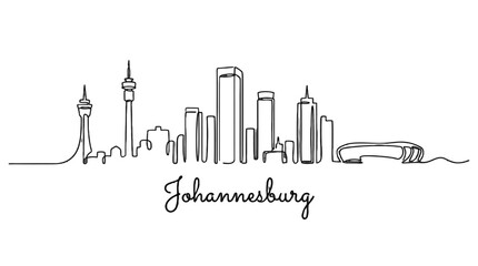 Naklejka premium Minimalist line drawing of Johannesburg skyline highlighting iconic skyscrapers and landmarks in black ink