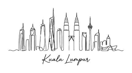 Fototapeta premium Minimalist Line Art Illustration of Kuala Lumpur?s Iconic Skyline Featuring Tall Skyscrapers and Famous Landmarks