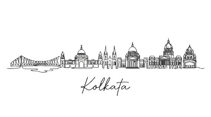 Obraz premium Minimalistic Black and White Line Art Illustration Depicting the Iconic Skyline of Kolkata Featuring Landmarks and Architectural