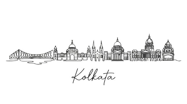 Minimalistic Black and White Line Art Illustration Depicting the Iconic Skyline of Kolkata Featuring Landmarks and Architectural