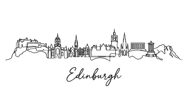 Minimalist Line Drawing of Edinburgh Skyline Featuring Iconic Landmarks and Cityscape Elements