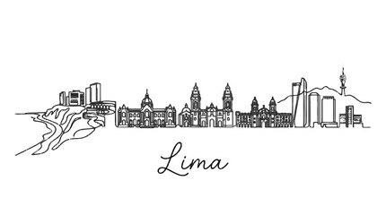 Fototapeta premium Minimalistic Line Drawing of Lima City Skyline Highlighting Iconic Architectural Landmarks