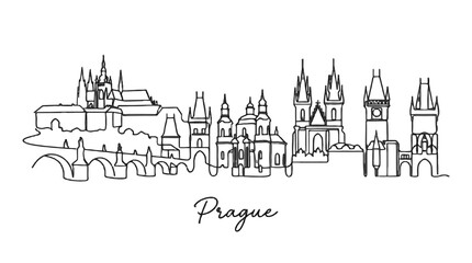 Obraz premium Minimalist Black and White Line Drawing of Prague Castle and City Skyline with cityscape details and the word Prague in elegant