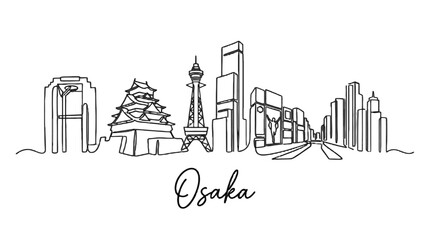 Obraz premium Minimalist Line Drawing of Osaka Skyline Featuring Modern Skyscrapers and Historic Landmarks in a Continuous Art Style