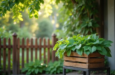Obraz premium Green plants grow in a wooden crate near a rustic fence. Rich foliage and dappled sunlight create a peaceful garden atmosphere. Natural setting for outdoor relaxation and growth.