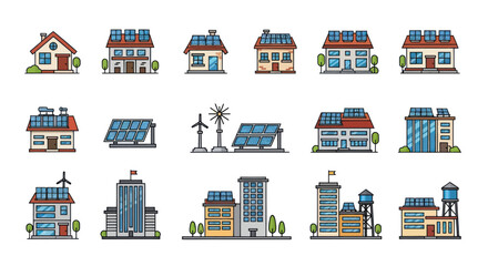Collection of Cartoon Houses with Solar Panels and Wind Turbines. © Rizal