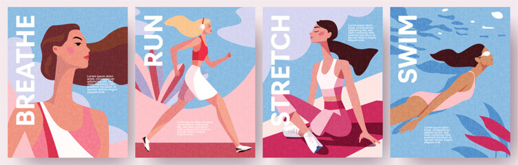 Plakat Fitness, exercise and healthy lifestyle concept illustrations or posters with a running girl, a girl doing yoga or stretching, a girl doing swimming. Modern flat style with a health and wellness feel.