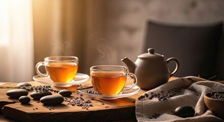 Fototapeta premium Warm tea cups and teapot on wooden table with stones and cloth
