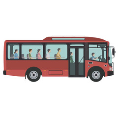 A red bus with people inside on a white background
