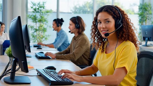 Call center worker typing on computer