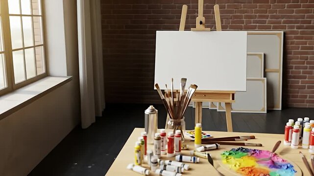 Art studio with painting supplies, easel, and colorful palette, sunlight streaming through windows