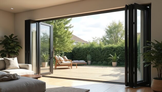 Modern house interior with open folding glass doors leading to wooden patio, green garden. Bright living space connects seamlessly with outdoor seating area. Sunlight streams onto floor, furniture.
