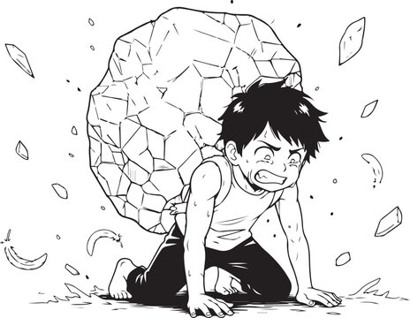 Vector illustration of a man struggling under a heavy boulder, cartoon style