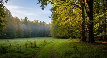Fototapeta premium Forest clearing with sunbeams and a path through green grass