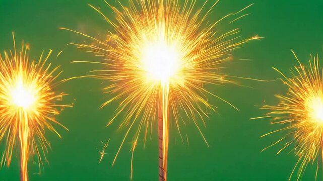 Sparks from three fireworks against green sky