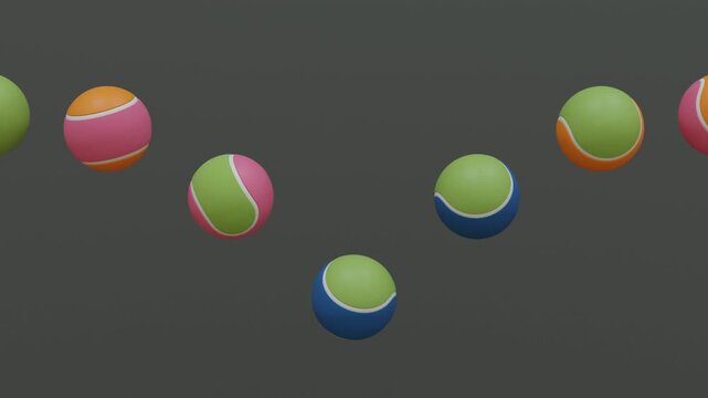 Abstract 3D animation with multicolor tennis balls aligned in a clean straight line, bouncing smoothly on a green surface, creating colorful rhythmic motion with minimal geometric design