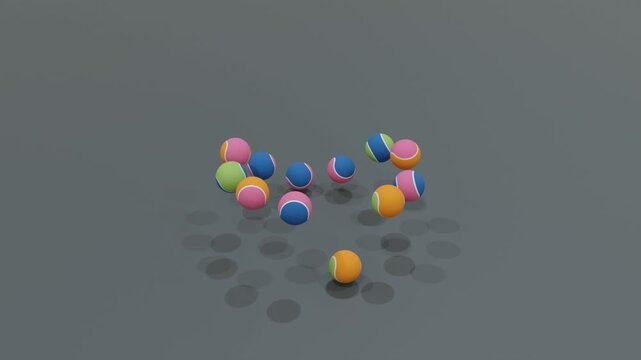 Abstract 3D background with multicolor tennis balls arranged in a circle, bouncing rhythmically on a green backdrop, forming hypnotic minimal animation with dynamic visual symmetry