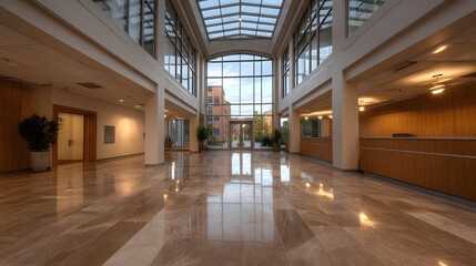Naklejka premium Spacious modern building lobby with polished marble floors glass atrium and reception areas