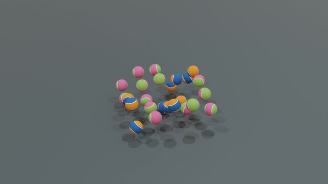 Abstract 3D animation featuring multicolor tennis balls arranged in a square grid, bouncing playfully on a green surface, creating vibrant geometric motion and rhythmic modern visual composition