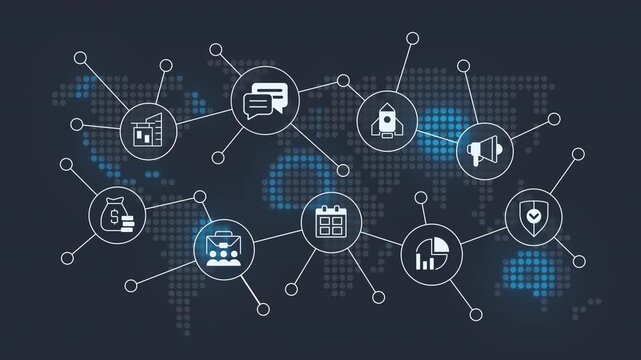 International business animated banner with line icons. Global commercial communication. Internet service. Outline symbols on dynamic background. HD video for website header and presentation