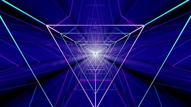 Moving light tunnel made of parallel glowing neon lines, seamless loop animation suitable for music videos, trailers and abstract motion backgrounds