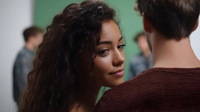 A woman with curly hair gazes alluringly over her shoulder towards the viewer set against a blurred background of people